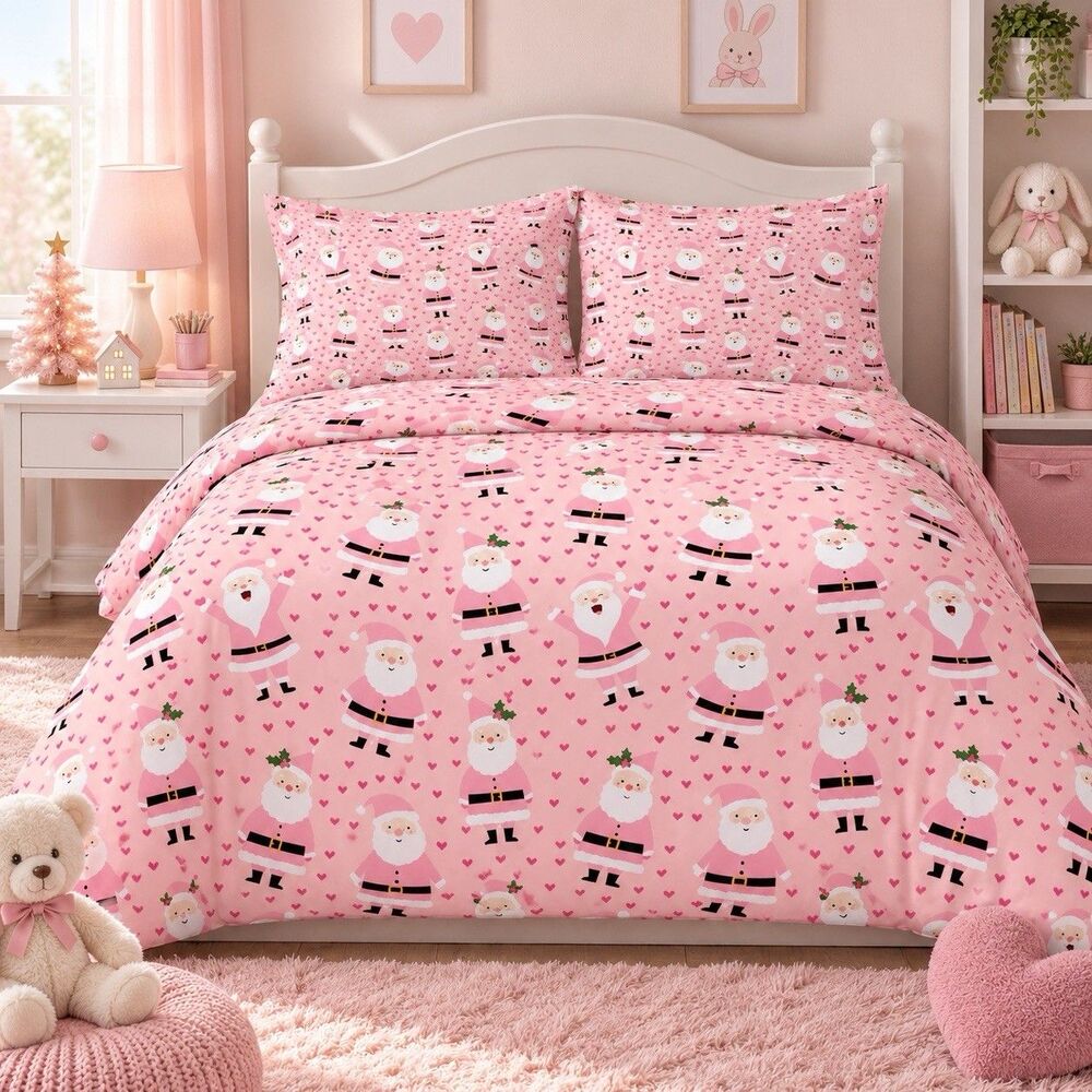 Pink Santa Hearts Full Duvet Cover Set 3 Pc Christmas Bedding 79x90 New